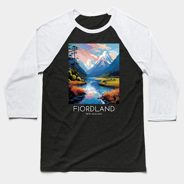 A Pop Art Travel Print of Fiordland National Park - New Zealand Baseball T-Shirt by Studio Red Koala